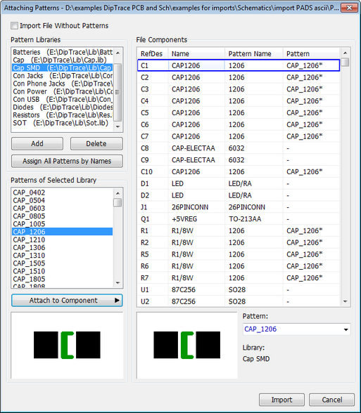 Attaching Patterns dialog (PADS ASCII import): Import File Without Patterns checkbox, Pattern Libraries tree, File Components table (RefDes, Name, Pattern Name, Pattern), Add/Delete/Assign All Patterns by Names buttons, Patterns of Selected Library list, footprint preview thumbnails, Attach to Component button, Import/Cancel buttons