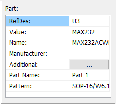 Part panel: RefDes, Value, Name, Manufacturer, Additional fields button, Part Name and Pattern fields for the selected component
