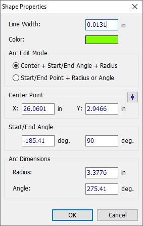 Shape Properties dialog for an arc: Line Width and Color, Arc Edit Mode radio buttons (Center+Start/End Angle+Radius or Start/End Point+Radius/Angle), Center Point X/Y, Start/End Angle, Arc Radius/Angle fields, OK/Cancel