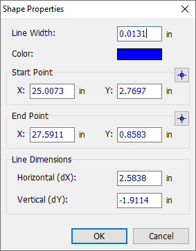 Shape Properties dialog for a line: Line Width and Color, Start/End Point X/Y fields, Line Dimensions Horizontal/Vertical fields, OK/Cancel