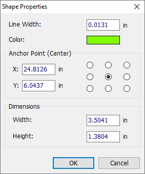 Shape Properties dialog for an obround: Line Width and Color, Anchor Point selector grid, X/Y position, Width/Height dimensions, OK/Cancel