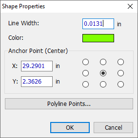 Shape Properties dialog for a polyline: Line Width and Color, Anchor Point selector grid, X/Y position, Polyline Points button, OK/Cancel
