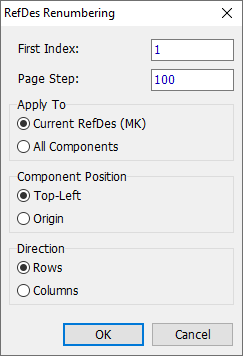RefDes Renumbering dialog: First Index and Page Step fields, Apply To radio buttons (Current RefDes/All Components), Component Position radio buttons (Top-Left/Origin), Direction radio buttons (Rows/Columns), OK/Cancel