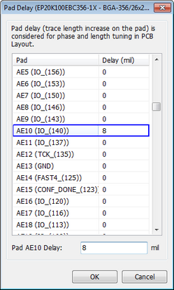 Pad Delay dialog: explanation of pad delay for trace length/phase tuning, table of pads with a Delay (mil) column, selected pad delay value field, OK/Cancel