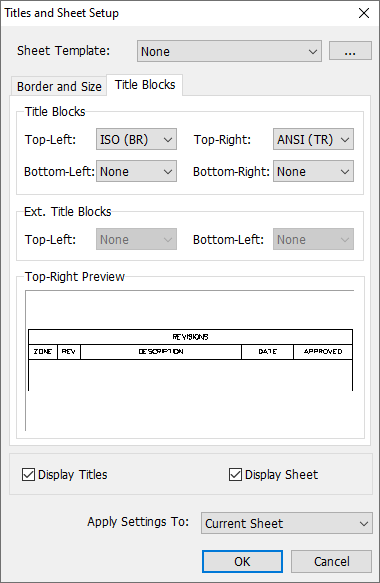 Titles and Sheet Setup dialog, Title Blocks tab: Top-Left/Top-Right/Bottom-Left/Bottom-Right dropdowns, Ext. Title Blocks Top-Left/Bottom-Left dropdowns, Top-Right Preview showing a Revisions table, Display Titles/Display Sheet checkboxes, Apply Settings To dropdown, OK/Cancel